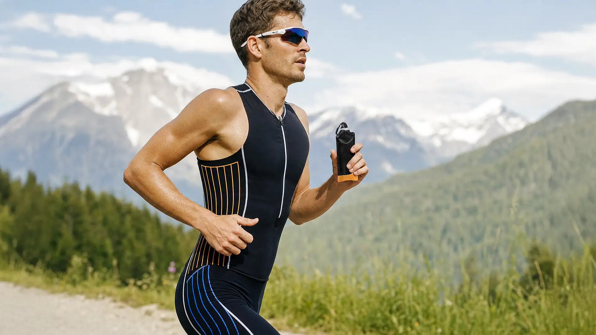 Atleta di endurance in corsa con gel energetico in formato doypack